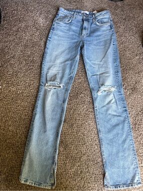 Zara Light Blue Distressed Straight-Leg Jeans